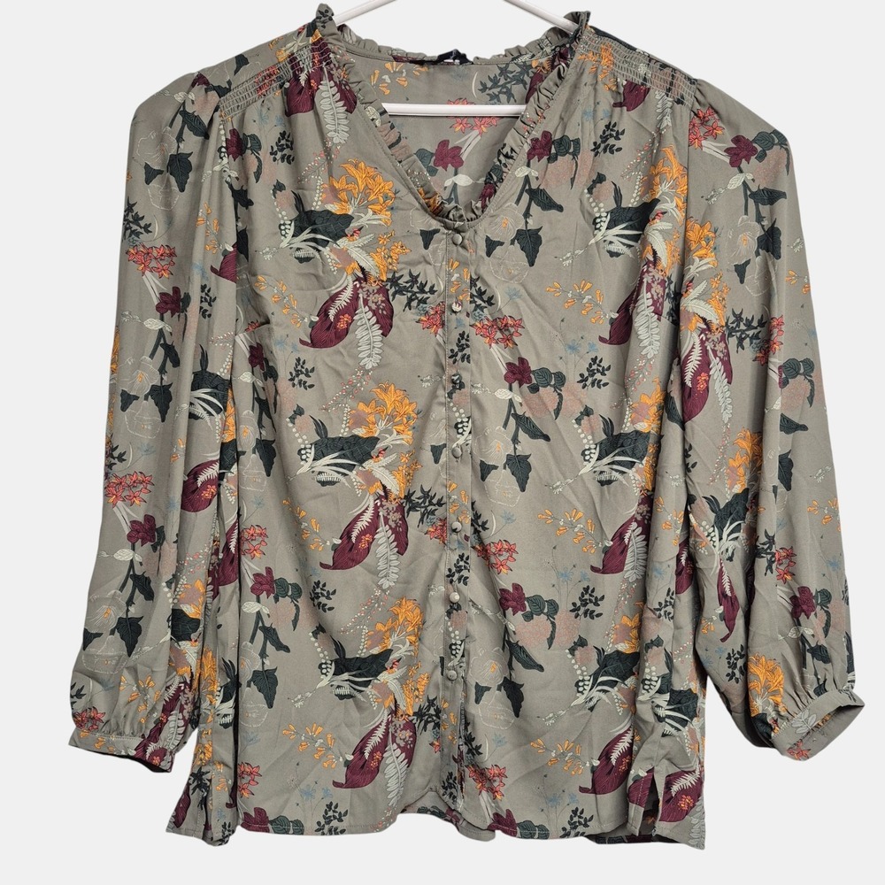 Well Worn Womens 3X Long‎ Sleeve V Neck Blouse Olive Green Floral NWT